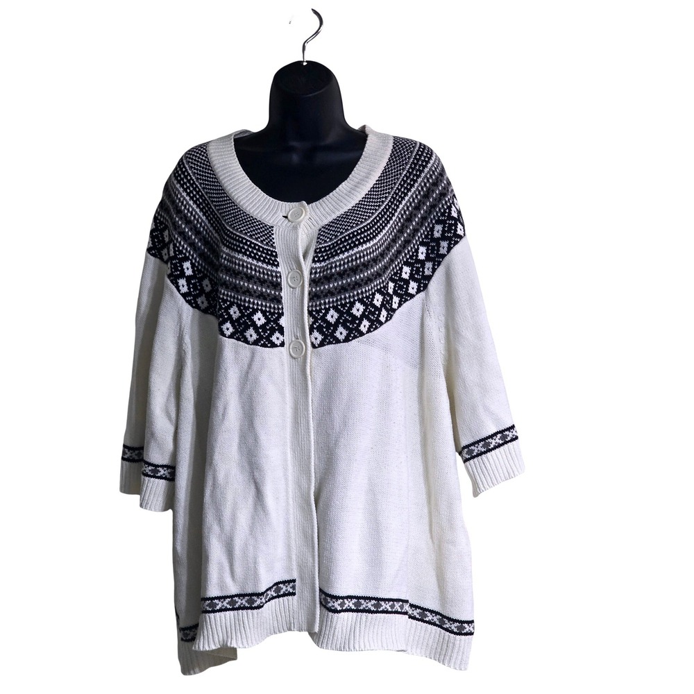 Lane Bryant Womens 26/28W Fair Isle Cardigan White Black Knit 3/4 Sleeve Sweater